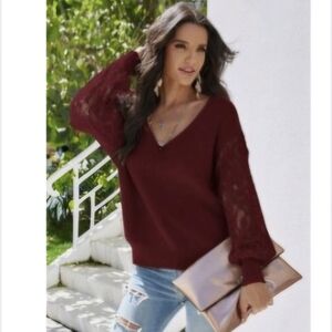 Women's Burgundy Sweater With Lace Sleeves